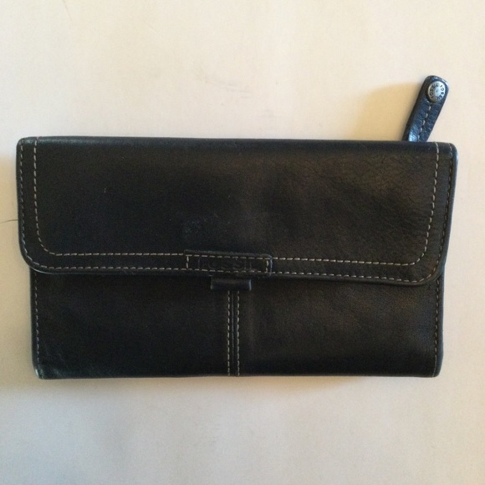 Fossil Black Genuine Leather Wallet Clutch Billfold Zip Area